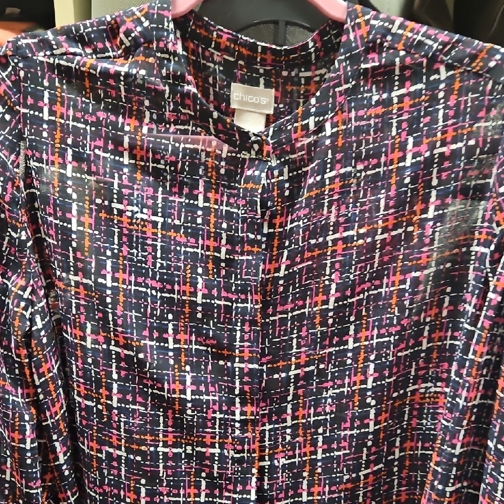 Chico's Black/red/white Buttoned Blouse with Mandarin Collar